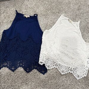Elegant Lace Trim Tank Tops - Navy and White